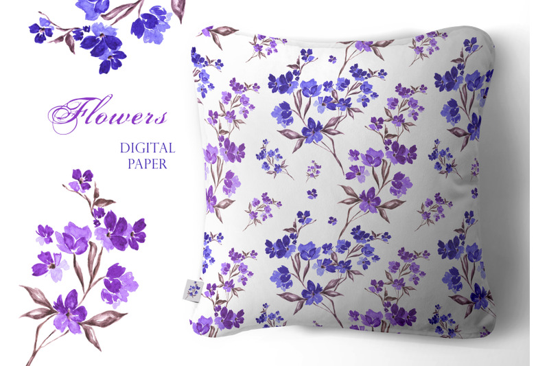 purple-blue-flowers-digital-paper-watercolor-flowers-seamless-pattern
