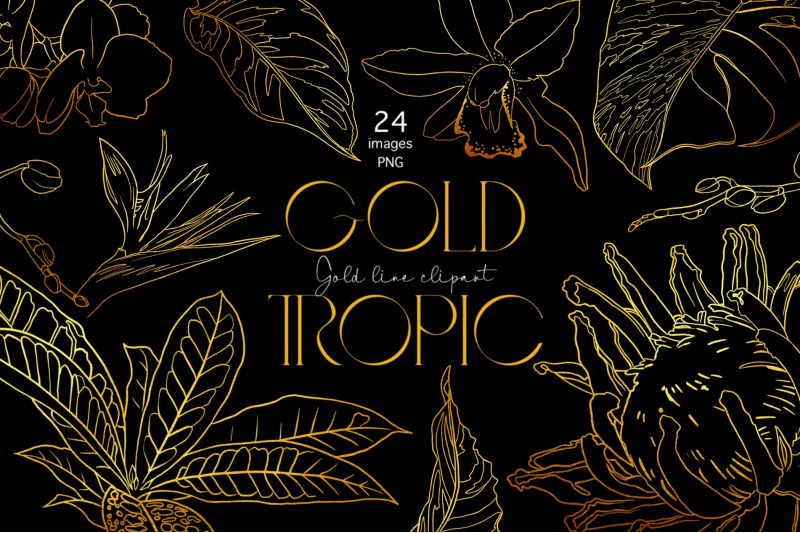 tropical-flowers-gold-line-art-clipart-line-plants-graphic