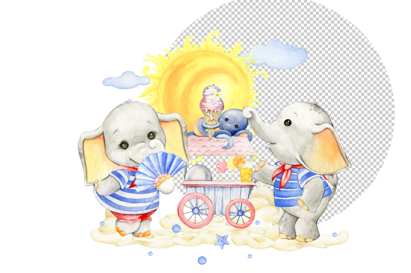 baby-elephant-sailor-watercolor-animals-beach-party-ice-cream-summe