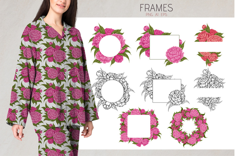 vector-set-of-patterns-frames-and-cliparts-lush-peonies