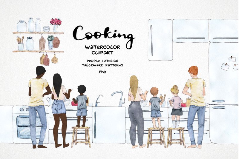 watercolor-family-baking-clipart-cooking-at-home-kitchen-people