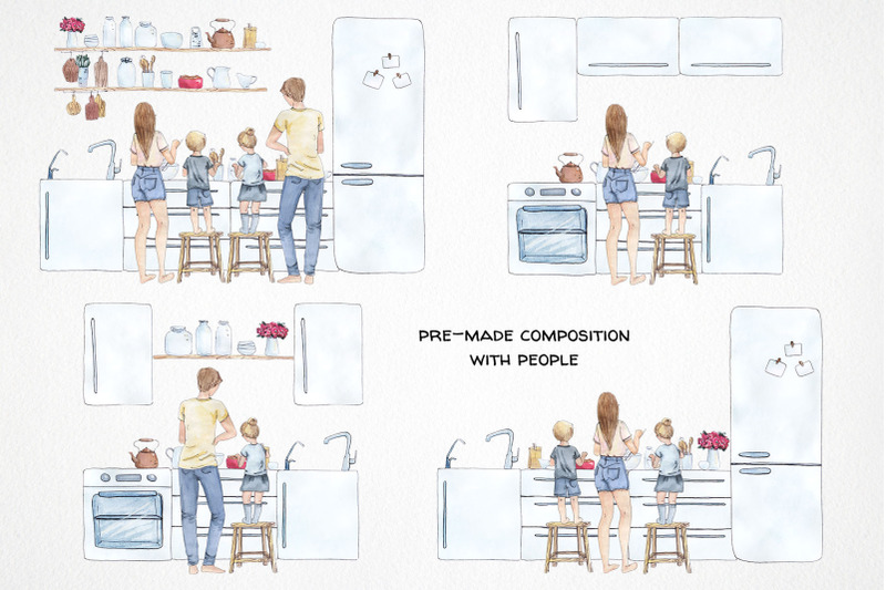 watercolor-family-baking-clipart-cooking-at-home-kitchen-people