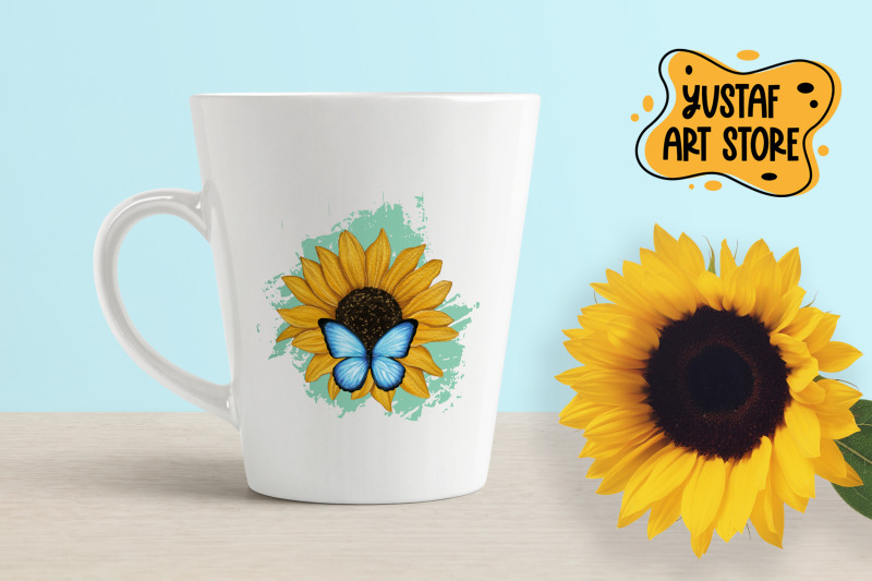 watercolor-sunflower-and-blue-butterfly-sublimation-design
