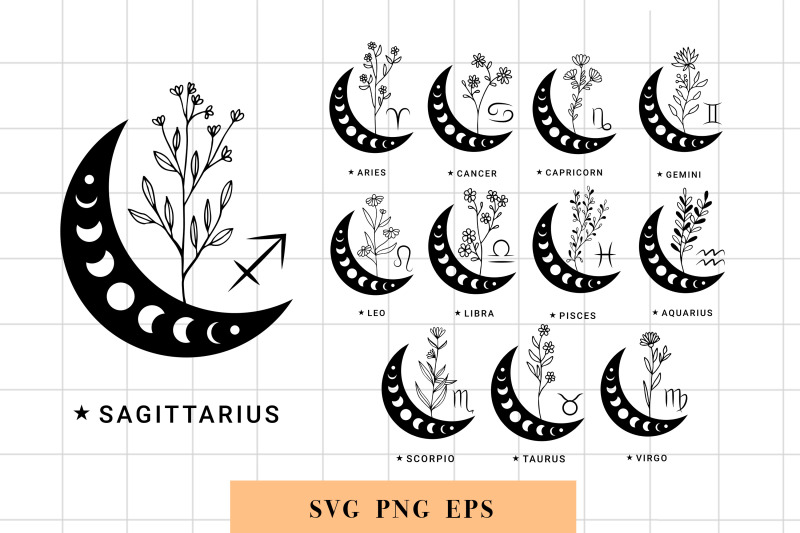 zodiac-signs-svg-bundle-crescent-moon-with-wildflowers-svg