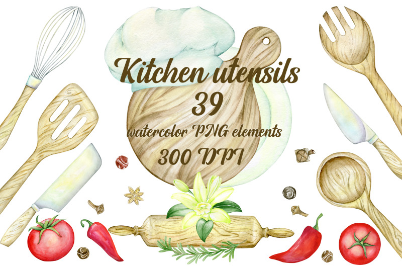 watercolor-kitchen-utensils-clipart-kitchen-wood-tools-food-herbs-a