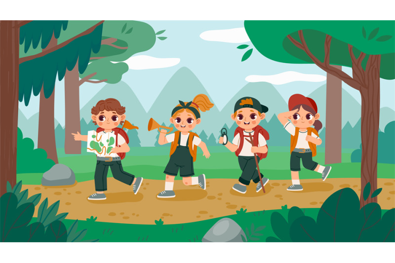 kids-on-a-hike-cartoon-kids-walking-in-wood-summer-journey-and-adven