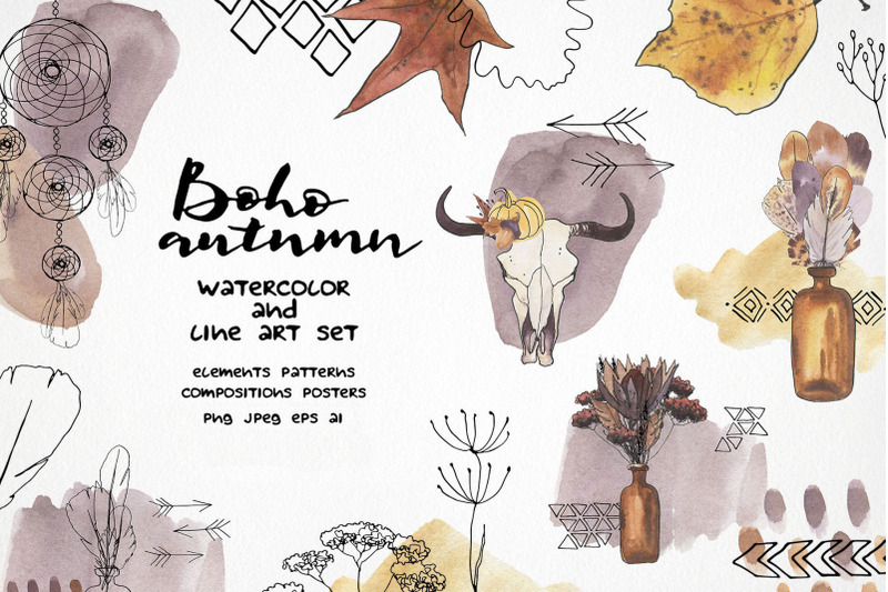 boho-fall-clipart-watercolor-leaf-clip-art-cow-skull-illustration
