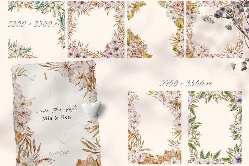 watercolor-wedding-floral-boho-frames-clipart-10-png-files