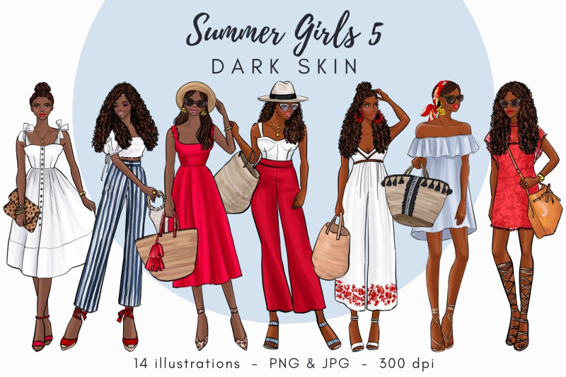 summer-girls-5-dark-skin-watercolor-fashion-clipart
