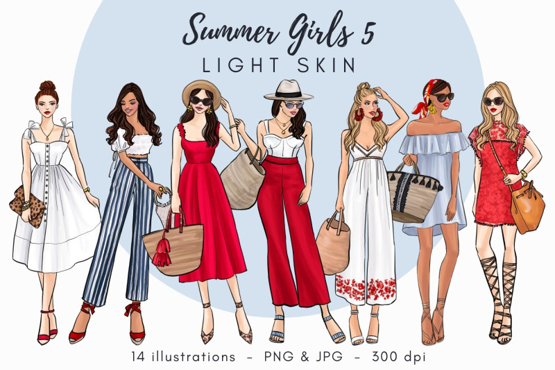 summer-girls-5-light-skin-watercolor-fashion-clipart