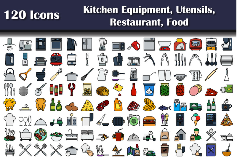 set-of-120-kitchen-equipment-utensils-restaurant-food-icons