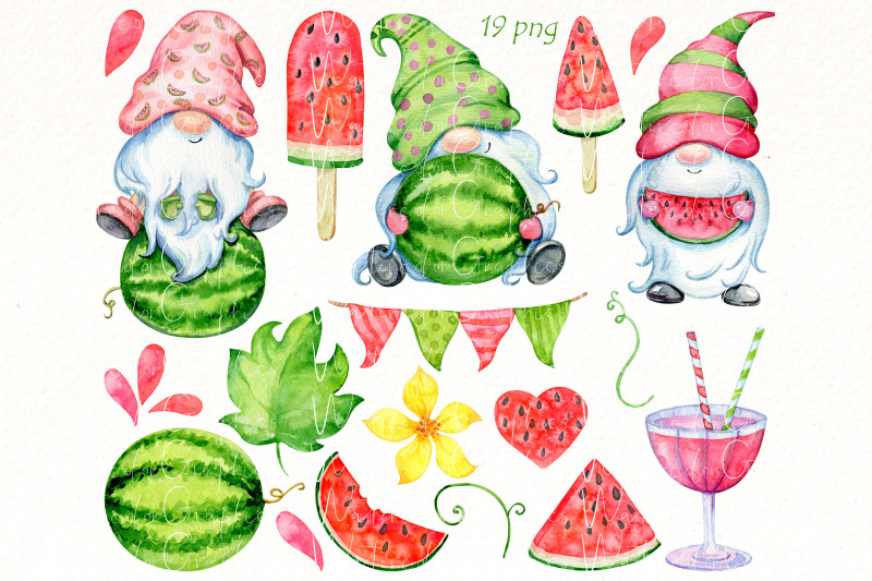 watercolor-watermelon-gnome-bundle-clipart-summer-gnomes