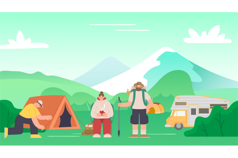 tourism-on-nature-friends-camping-man-setting-up-tent-woman-sitting