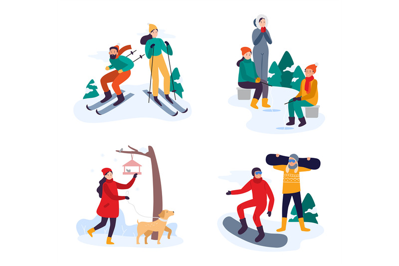 winter-active-recreation-couple-skiing-snowboarding-friends-fishing