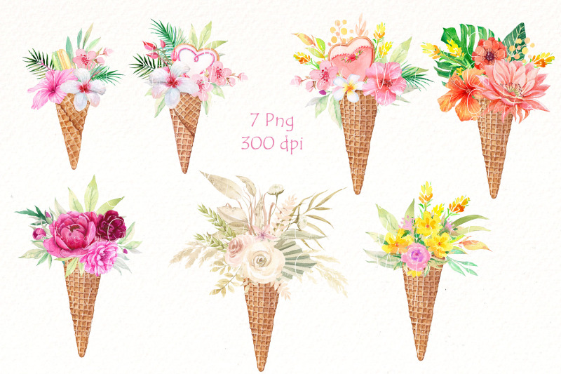 floral-ice-cream-png-clipart-watercolor-summer-bundle