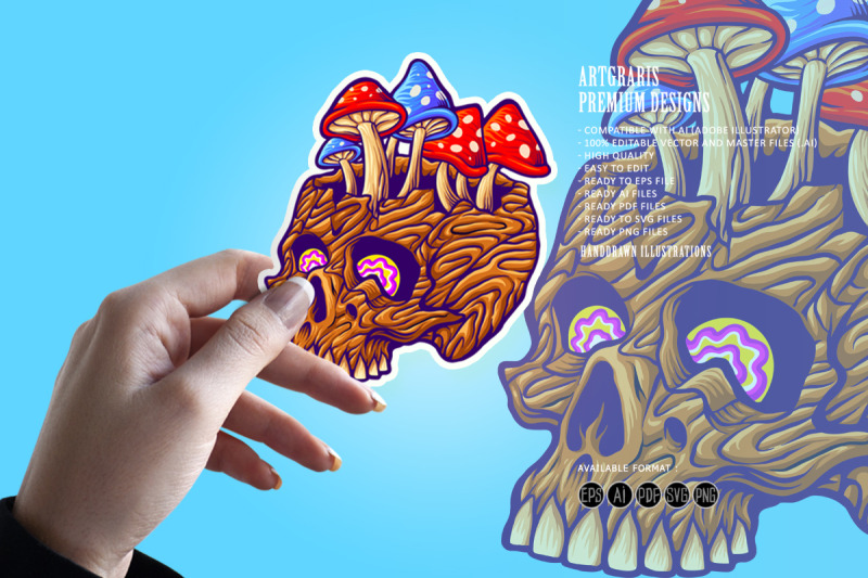 wood-skull-with-mushrooms-fungu-illustrations