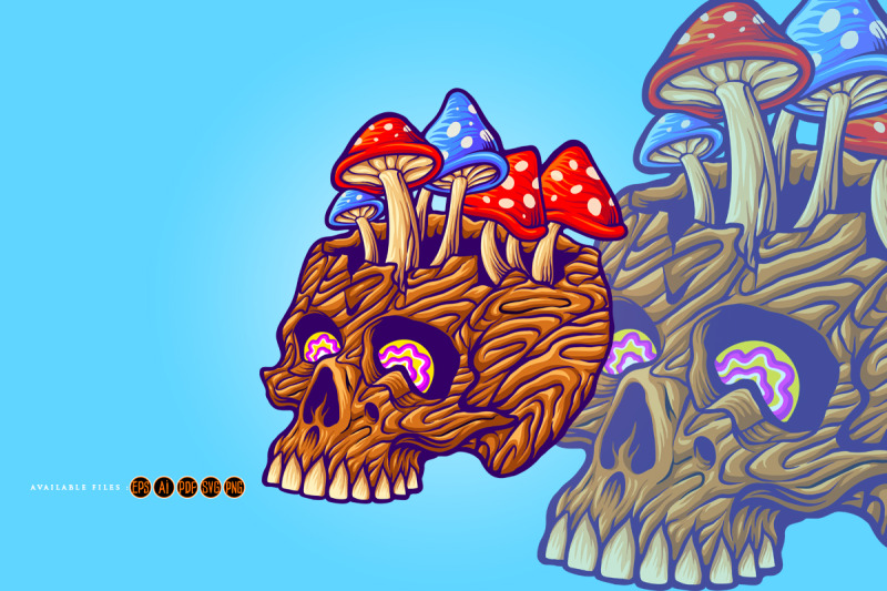 wood-skull-with-mushrooms-fungu-illustrations
