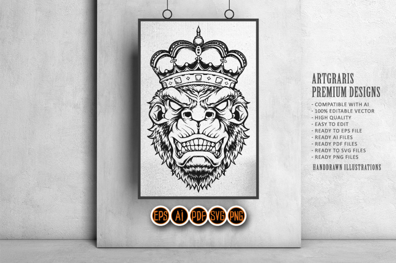 angry-king-kong-with-gorilla-crown-ornate-monochrome-illustrations