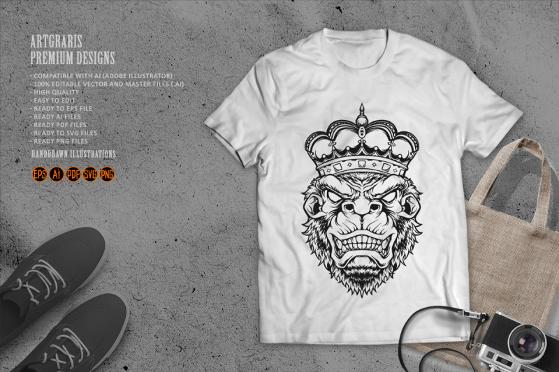 angry-king-kong-with-gorilla-crown-ornate-monochrome-illustrations