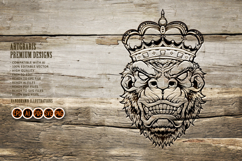 angry-king-kong-with-gorilla-crown-ornate-monochrome-illustrations