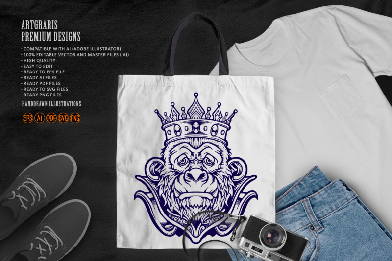 cool-gorilla-with-king-crown-mascot-monochrome-illustrations