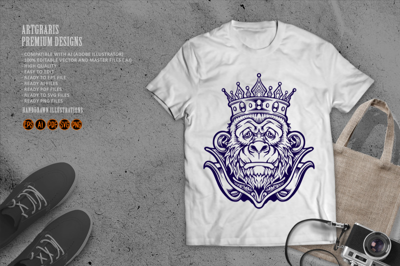 cool-gorilla-with-king-crown-mascot-monochrome-illustrations