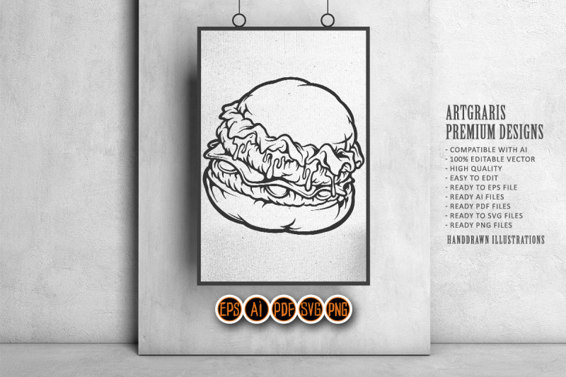 delicious-burger-fast-food-cartoon-monochrome