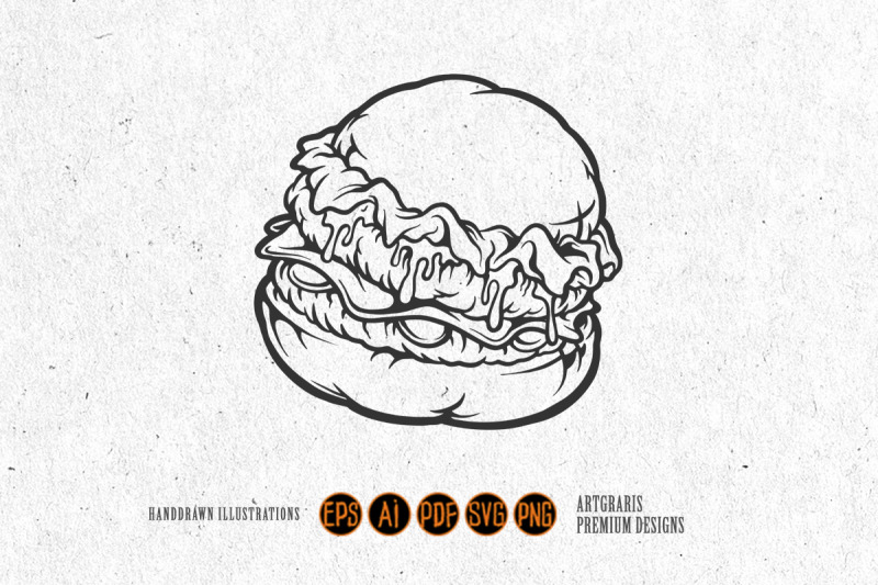delicious-burger-fast-food-cartoon-monochrome