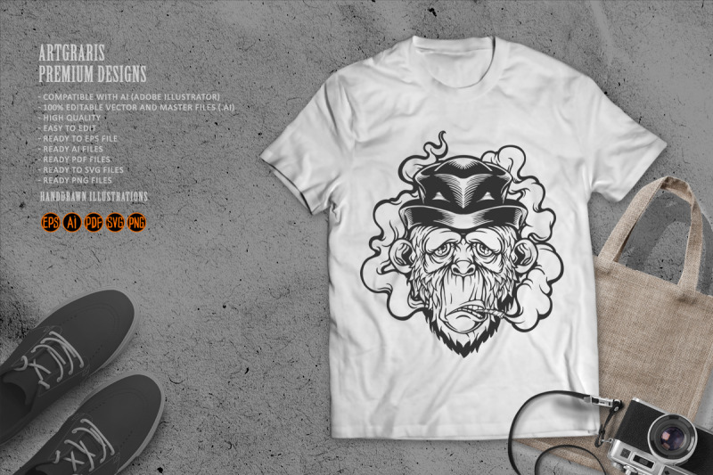 fly-monkey-in-black-hat-smoking-weed-monochrome-illustrations