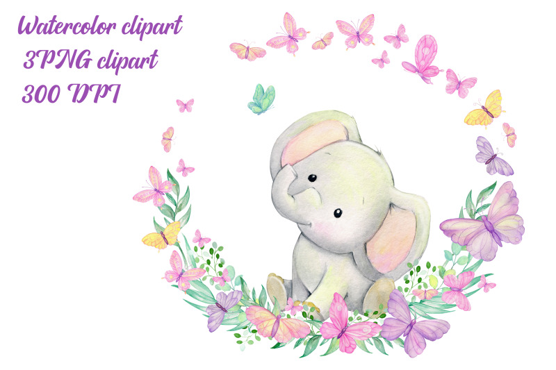elephant-wreath-watercolor-little-animal-clipart-butterflies-flower
