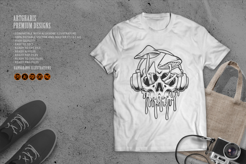 funky-psychedelic-skull-mushroom-monochrome