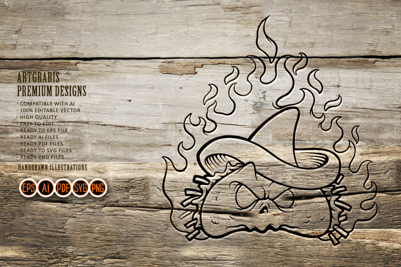 mascot-angry-mexican-taco-on-fire-monochrome-illustrations