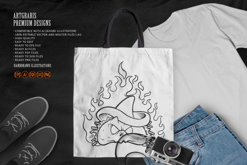 mascot-angry-mexican-taco-on-fire-monochrome-illustrations