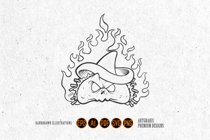 mascot-angry-mexican-taco-on-fire-monochrome-illustrations