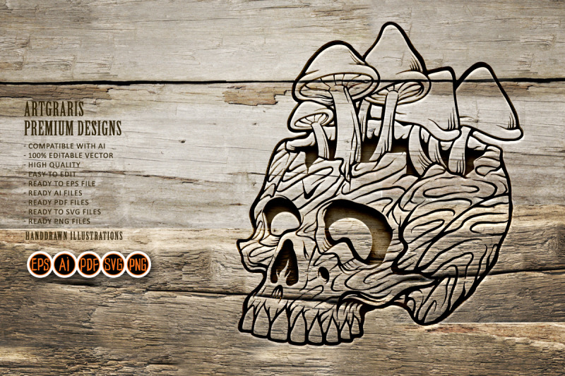 silhouette-wood-skull-with-mushrooms-illustrations