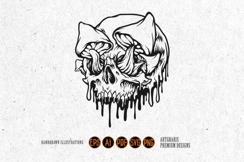 scary-skull-mushrooms-melted-monochrome-illustrations