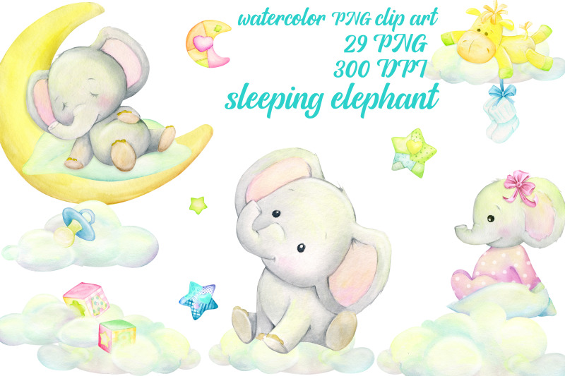 sleeping-elephant-babyboy-watercolor-little-animal-clipart-stars-c