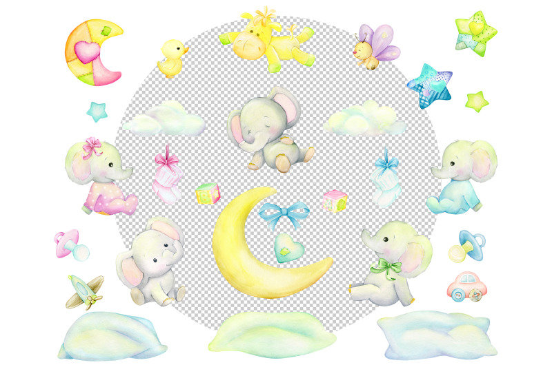 sleeping-elephant-babyboy-watercolor-little-animal-clipart-stars-c