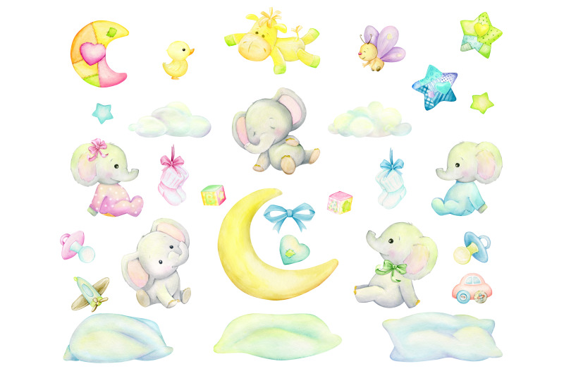 sleeping-elephant-babyboy-watercolor-little-animal-clipart-stars-c