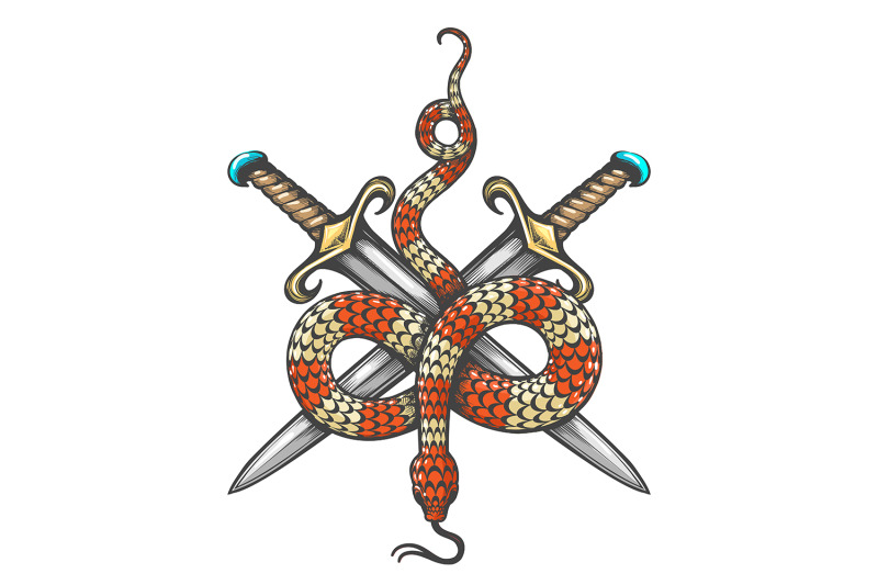 snake-and-two-swords-tattoo-in-engraving-style