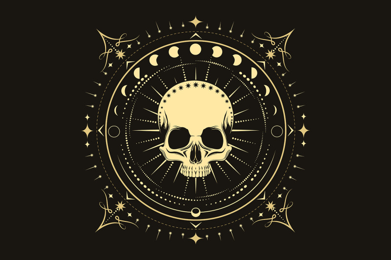 human-skull-with-phases-of-moon-esoteric-illustration-on-black-backgro