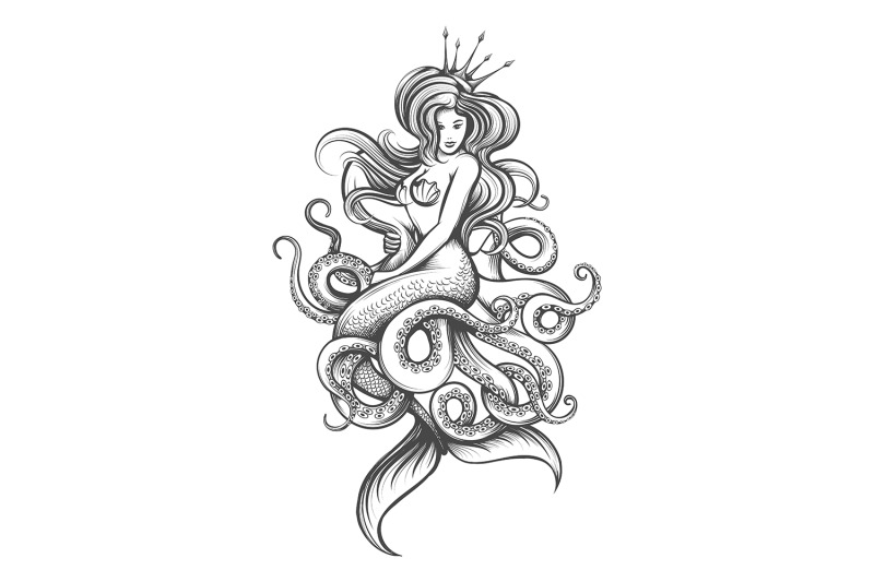 mermaid-and-octopus-tattoo-drawn-in-engraving-style