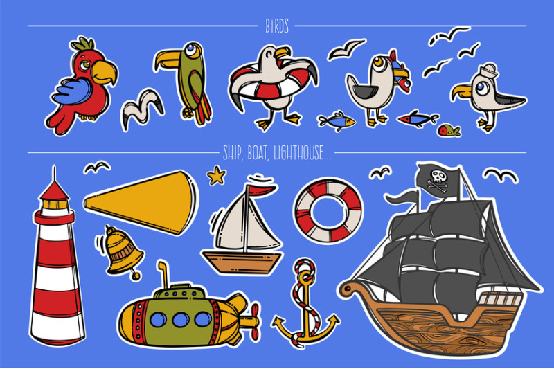 pirate-beach-sea-cartoon-sticker-clipart-pattern-vector-set