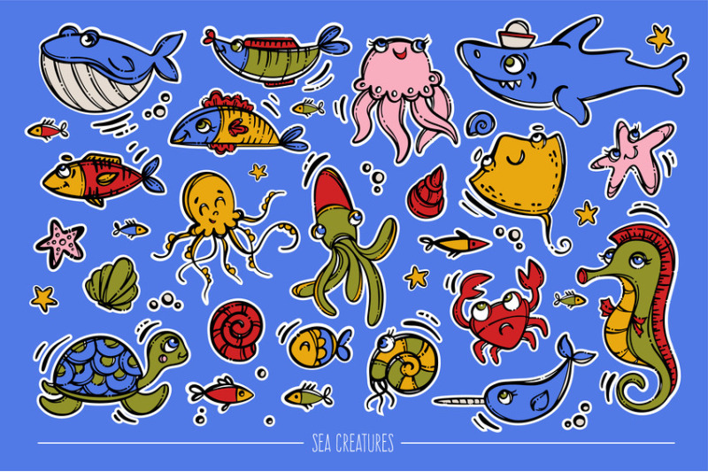 pirate-beach-sea-cartoon-sticker-clipart-pattern-vector-set