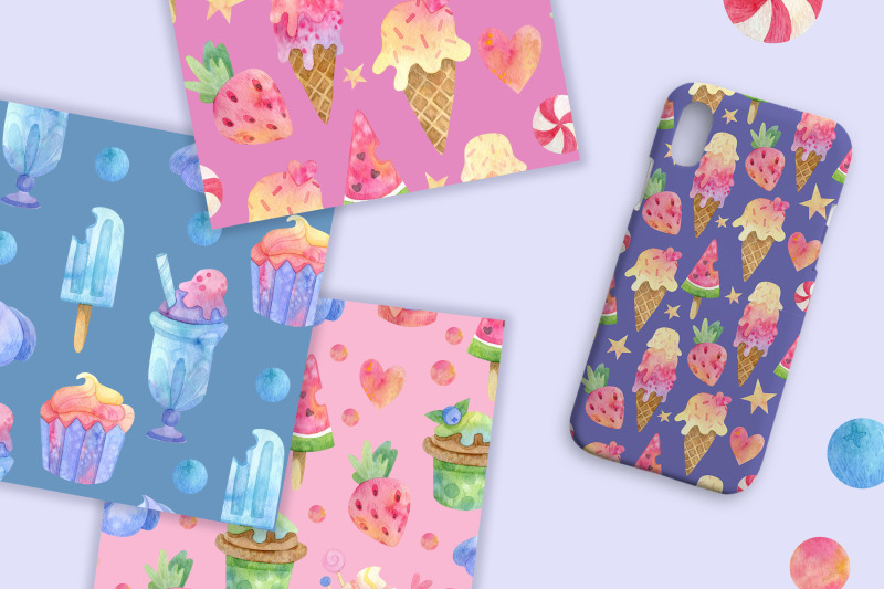 watercolor-ice-cream-and-cupcakes-seamless-patterns