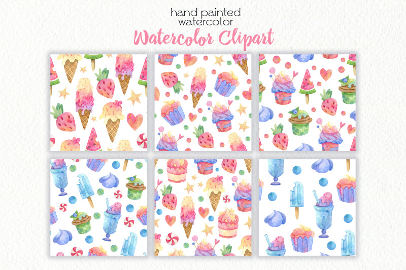 watercolor-ice-cream-and-cupcakes-seamless-patterns