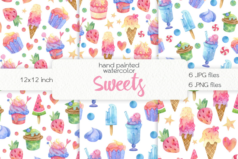 watercolor-ice-cream-and-cupcakes-seamless-patterns