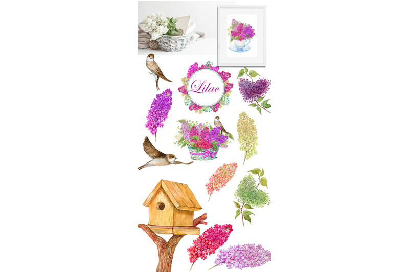 lilac-watercolor-clipart-bouquets-of-flowers-birdhouse