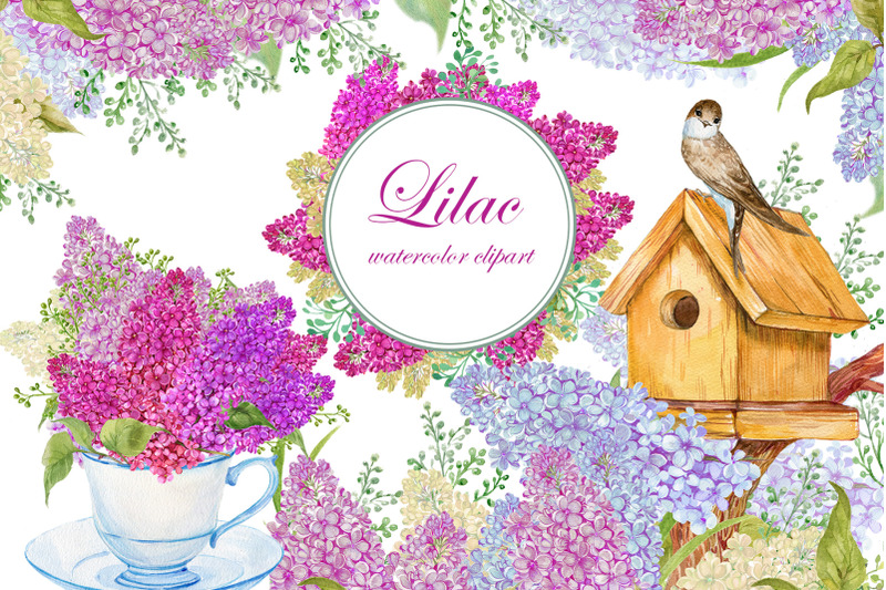 lilac-watercolor-clipart-bouquets-of-flowers-birdhouse