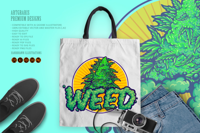 weed-smoke-word-lettering-logo-cannabis-plant-leaf-illustrations